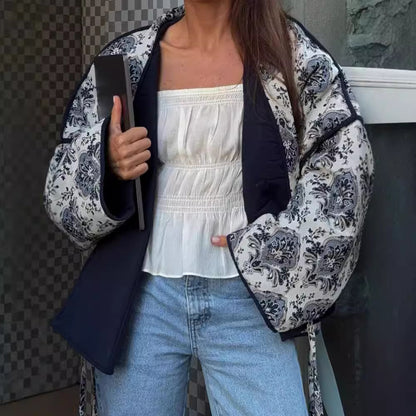 Casual printed long-sleeved cotton coat with tie