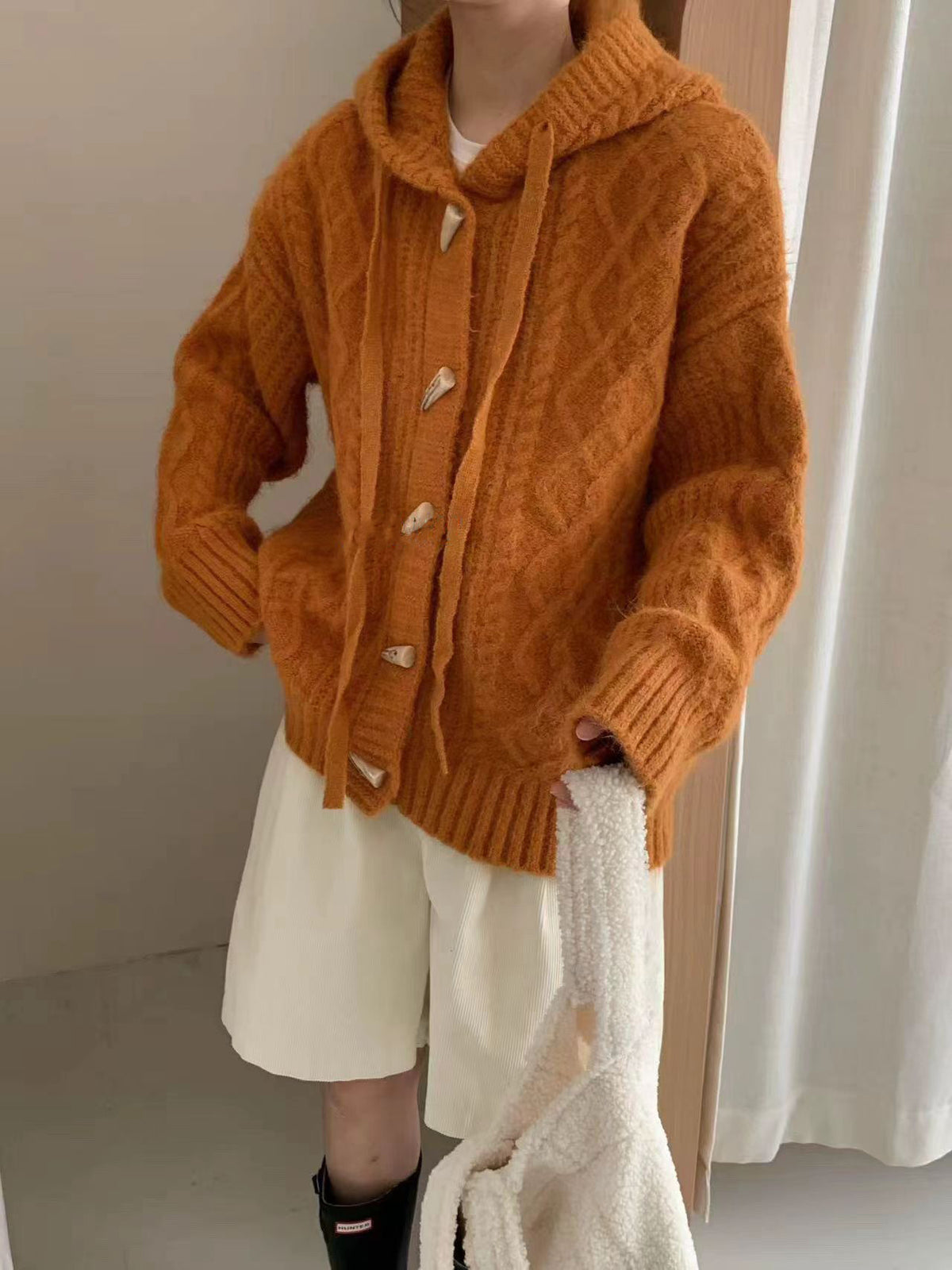 Retro horn button hooded sweater cardigan for women
