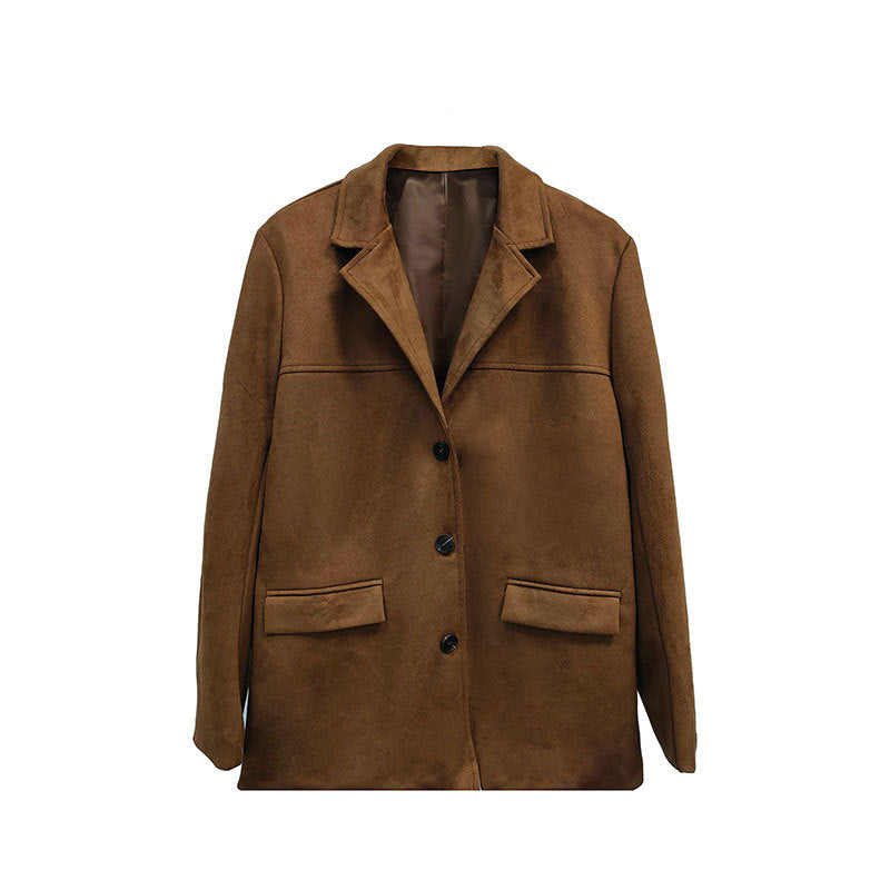 Retro brown loose pocket long-sleeved suit jacket for women