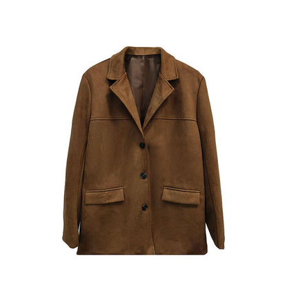 Retro brown loose pocket long-sleeved suit jacket for women