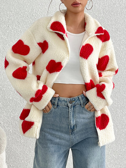 Plush heart print loose long-sleeved zip-up cardigan