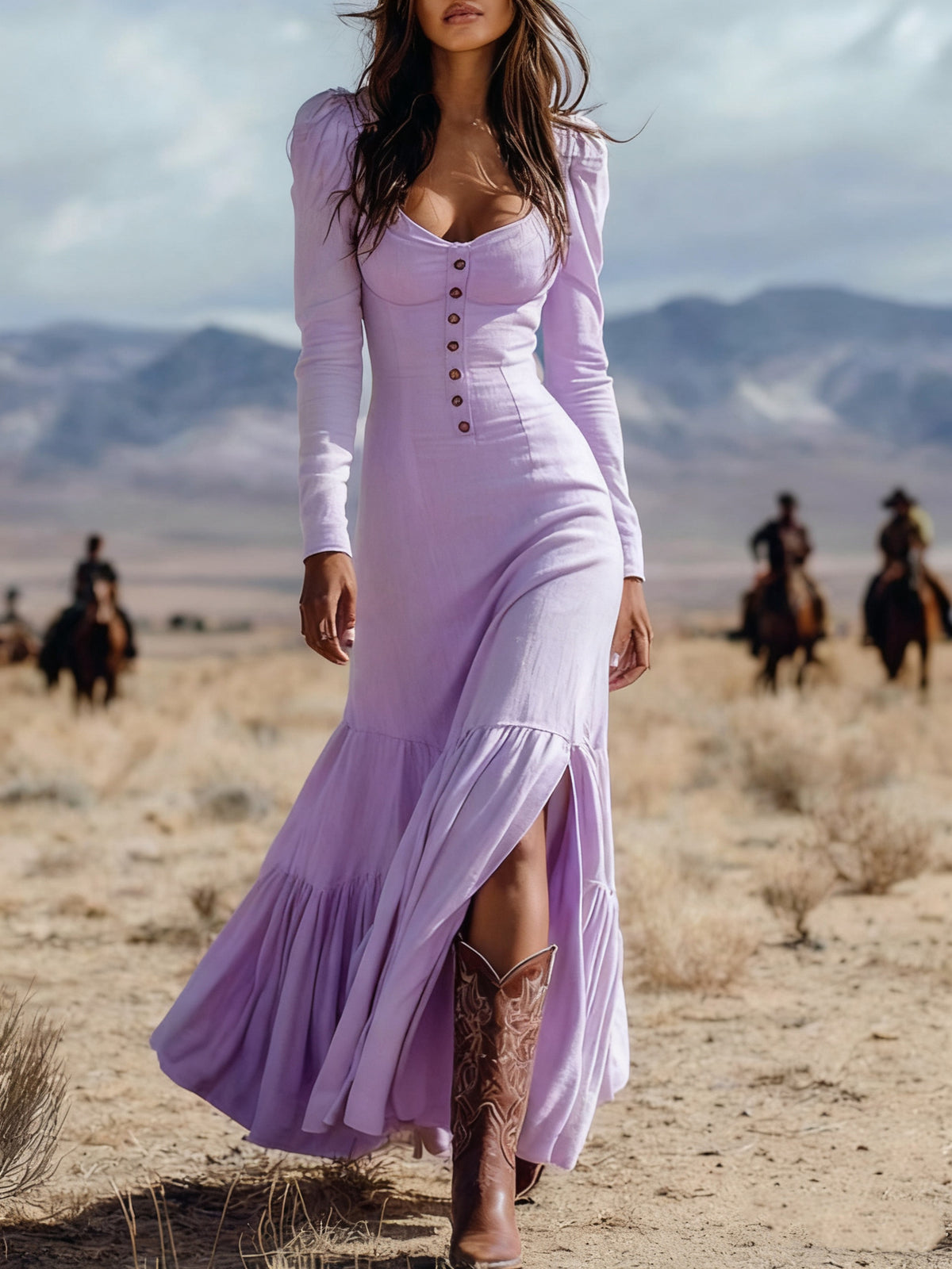 Retro Western Style Button-Up Ruffled Long-Sleeved Maxi Dress