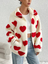 Plush heart print loose long-sleeved zip-up cardigan