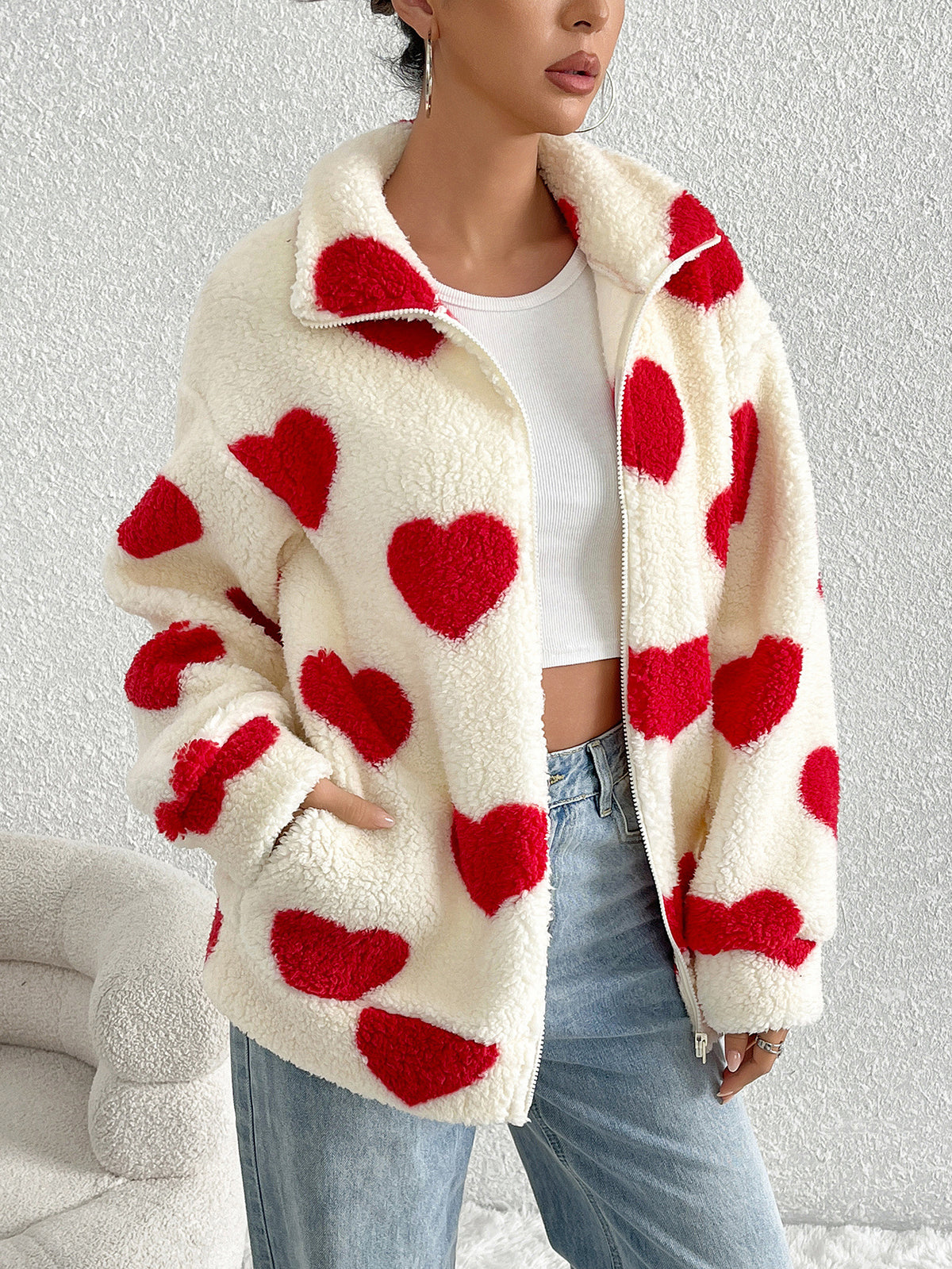 Plush heart print loose long-sleeved zip-up cardigan