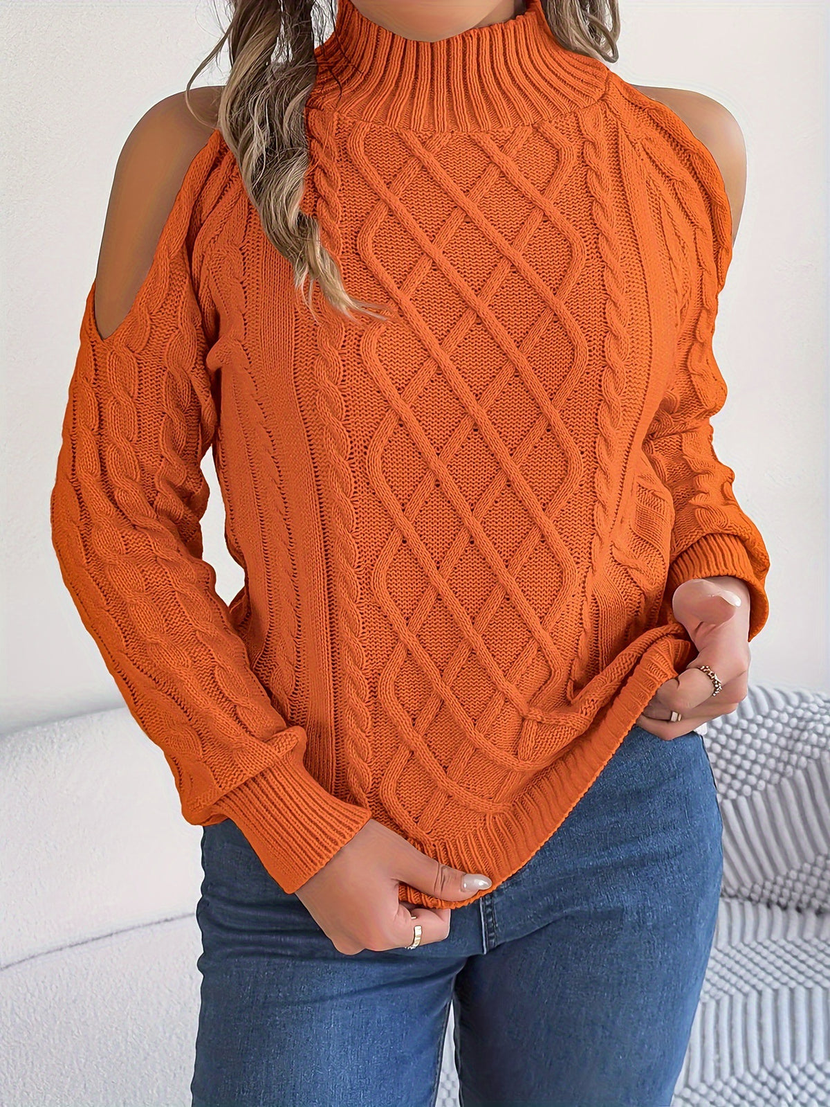 Braided Off Shoulder Knit Pullover Long Sleeve