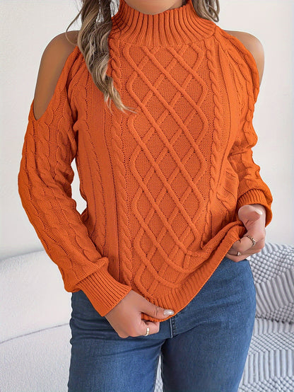 Braided Off Shoulder Knit Pullover Long Sleeve