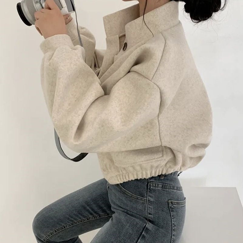 Stand-up collar, niche style, short, relaxed, loose-fitting wool coat for women