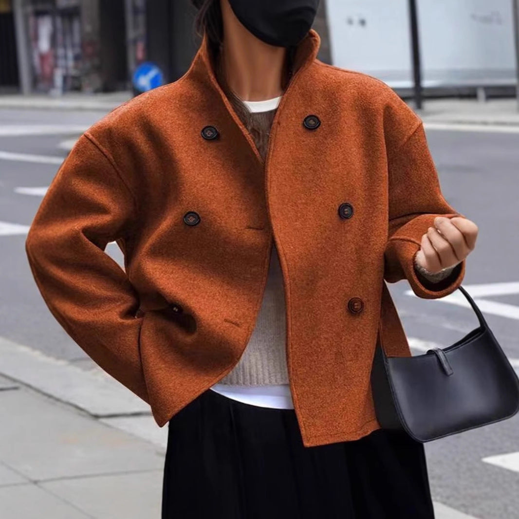 Double-breasted women's solid color wool coat, casual and elegant