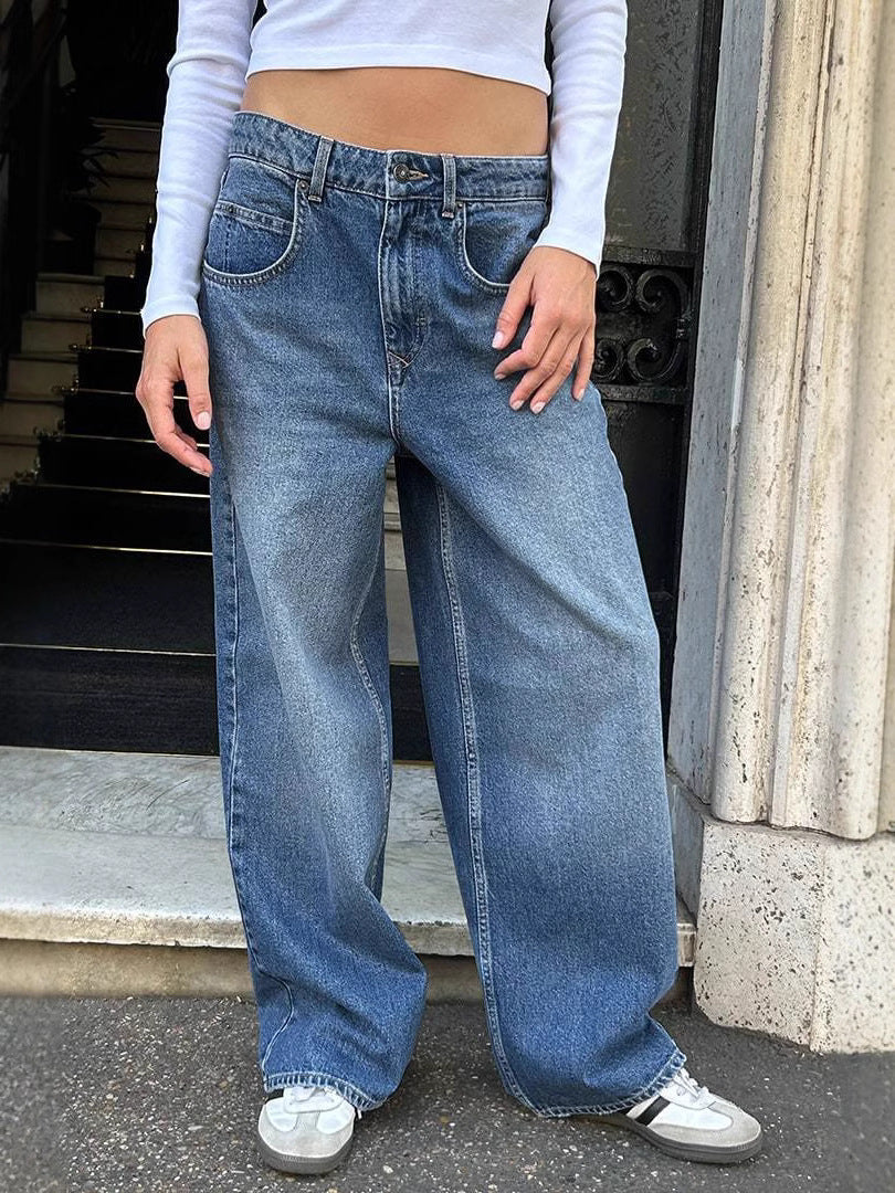 Vintage Wash Straight High Waist Denim Pants