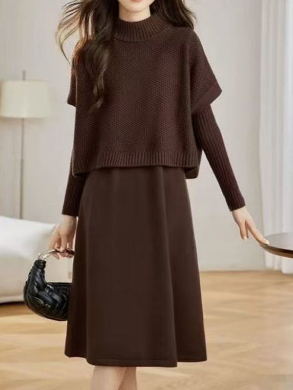 Elegant mid-length knitted dress, vest, pullover, two-piece women's clothing set