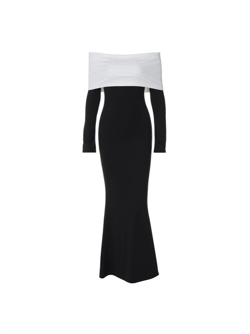 Black and white color-blocked off-shoulder slim-fit fashion autumn and winter long-sleeved dress