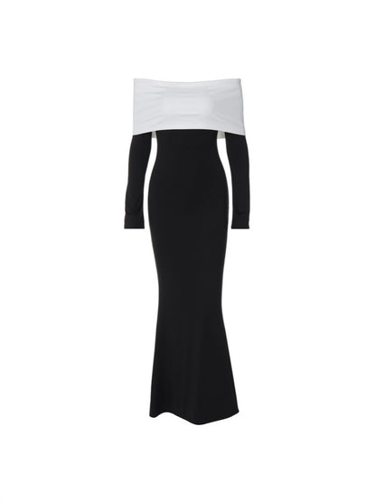 Black and white color-blocked off-shoulder slim-fit fashion autumn and winter long-sleeved dress