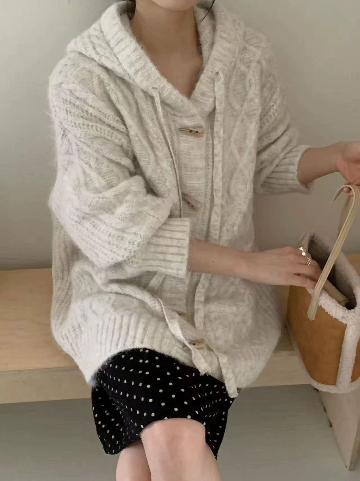 Retro horn button hooded sweater cardigan for women
