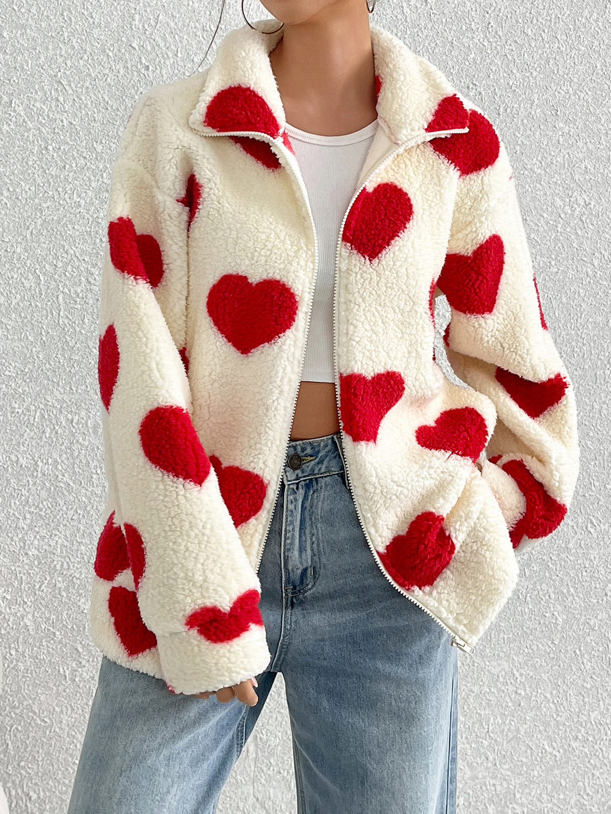 Plush heart print loose long-sleeved zip-up cardigan