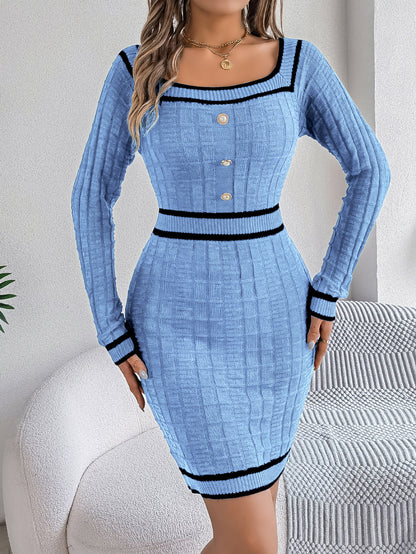 Square Neck Knit Sweater Dress Long Sleeve