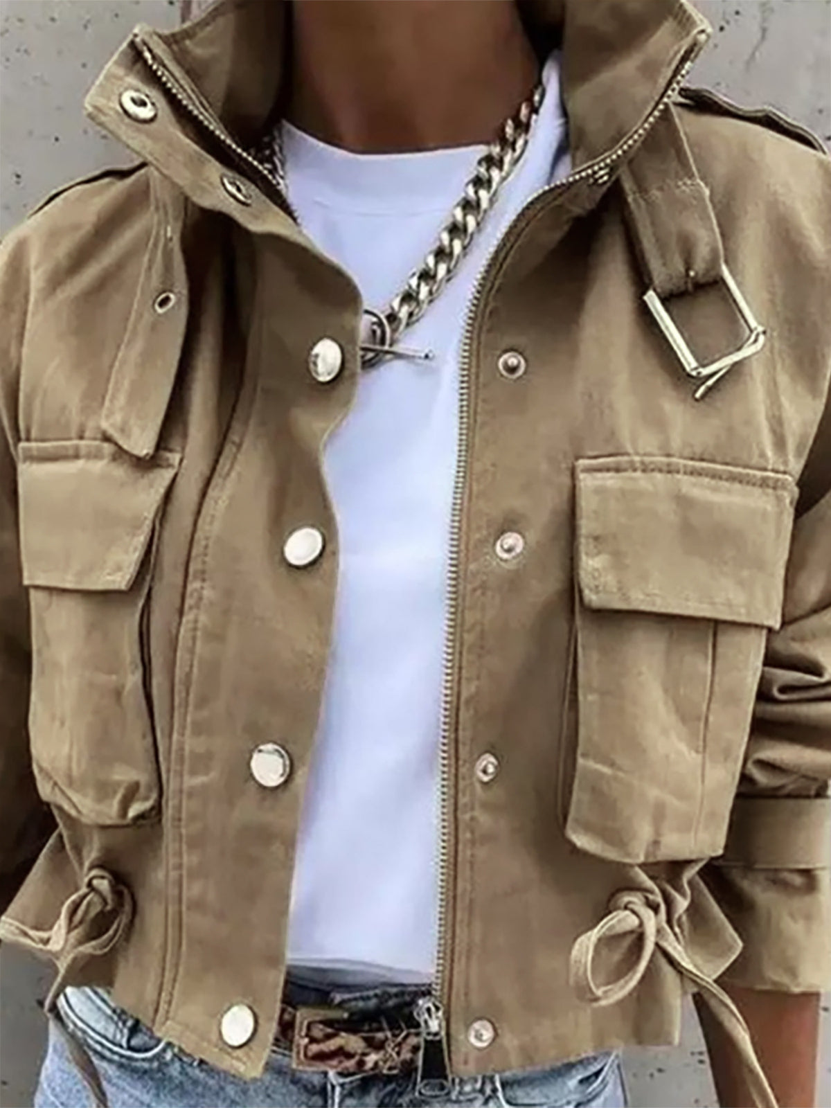 Stylish High-Neck Single-Breasted Zipper Short Casual Long-Sleeved Jacket