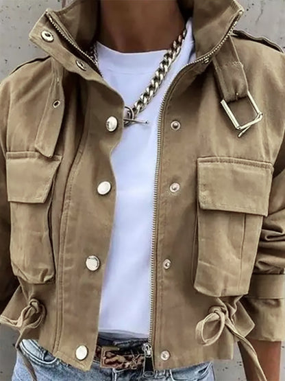 Stylish High-Neck Single-Breasted Zipper Short Casual Long-Sleeved Jacket