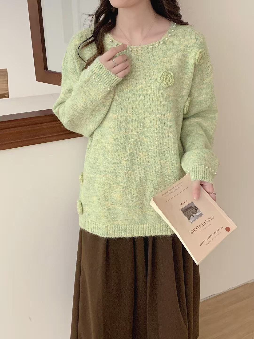 Beaded Floral Knit Pullover Soft Loose Sweater
