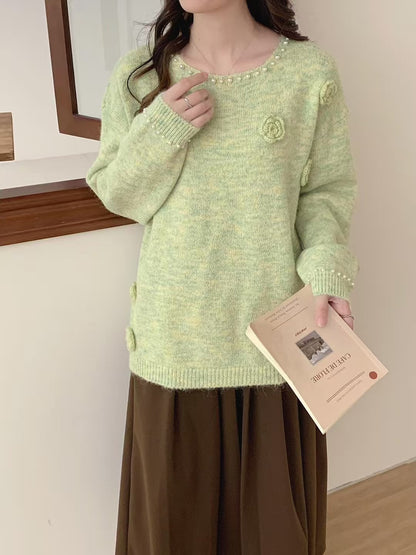Beaded Floral Knit Pullover Soft Loose Sweater