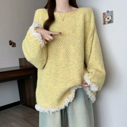 Lace Trim Patchwork Knit Sweater For Women