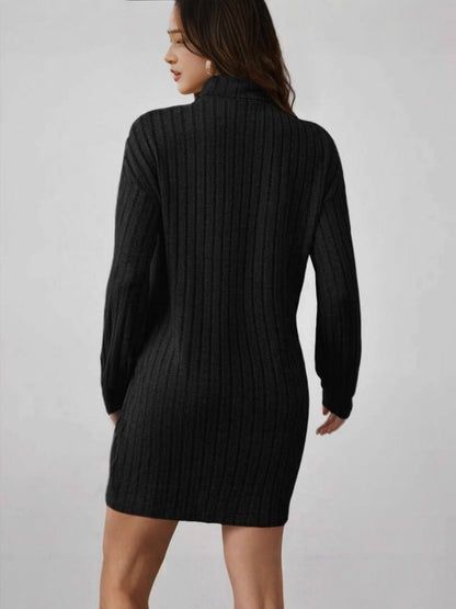 Ribbed fleece turtleneck slim-fit dress, bodycon skirt
