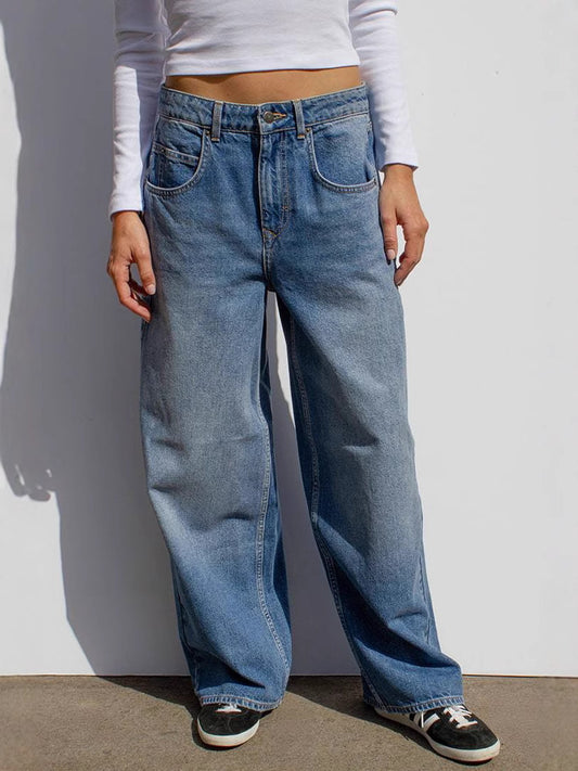Vintage Wash Straight High Waist Denim Pants