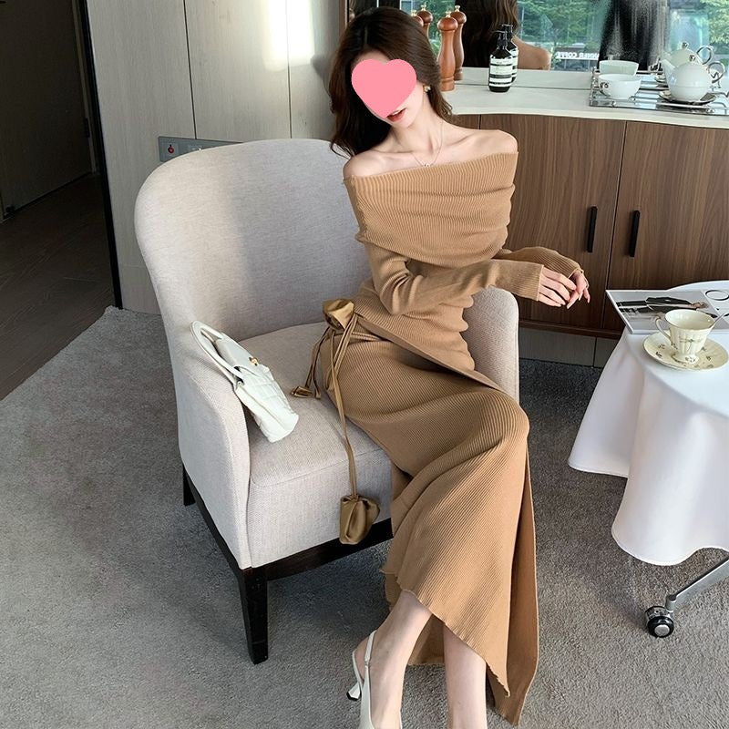 One-shoulder top with tie-up floral midi skirt knit dress for women