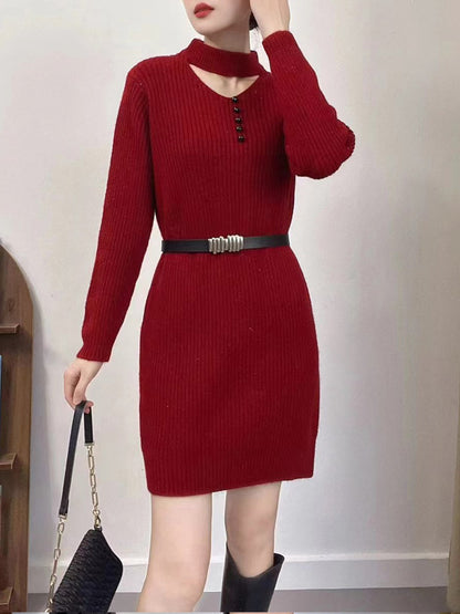 Waist-cinching halter neck openwork knit base dress