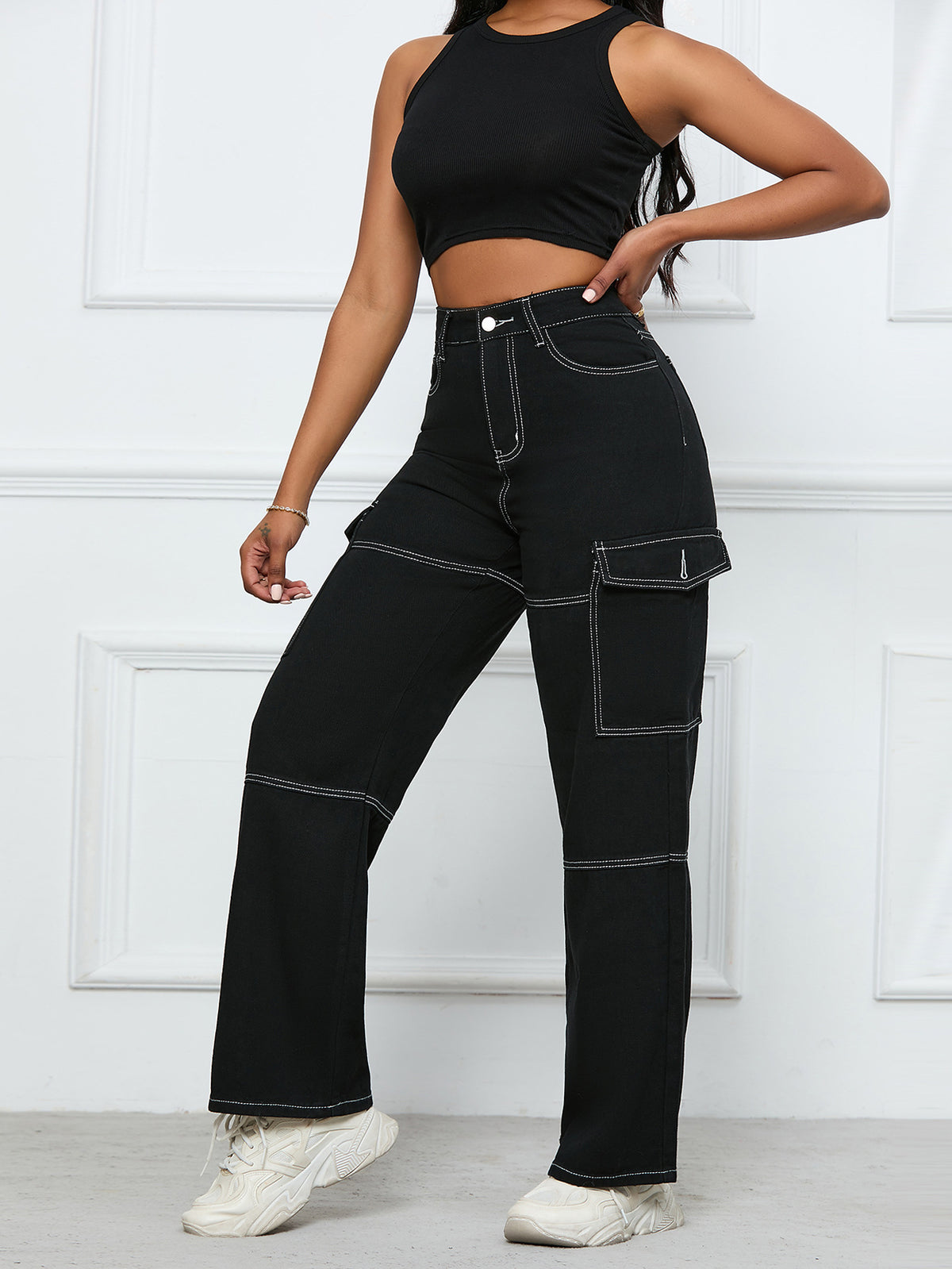 High Waist Pocket Straight Denim Cargo Pants