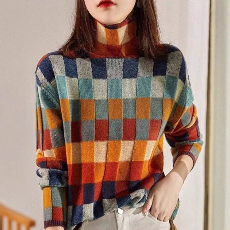 Colorful Checkered Knit High Neck Sweater