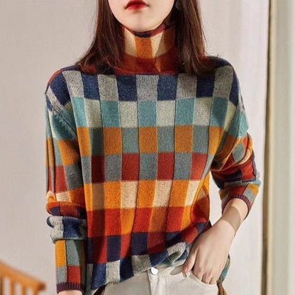 Colorful Checkered Knit High Neck Sweater