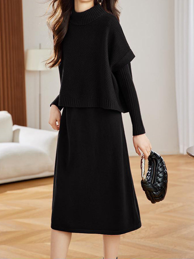 Elegant mid-length knitted dress, vest, pullover, two-piece women's clothing set