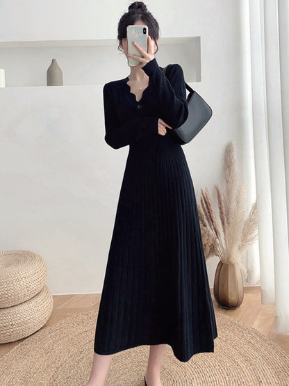 French-style V-neck button-down knit dress for women