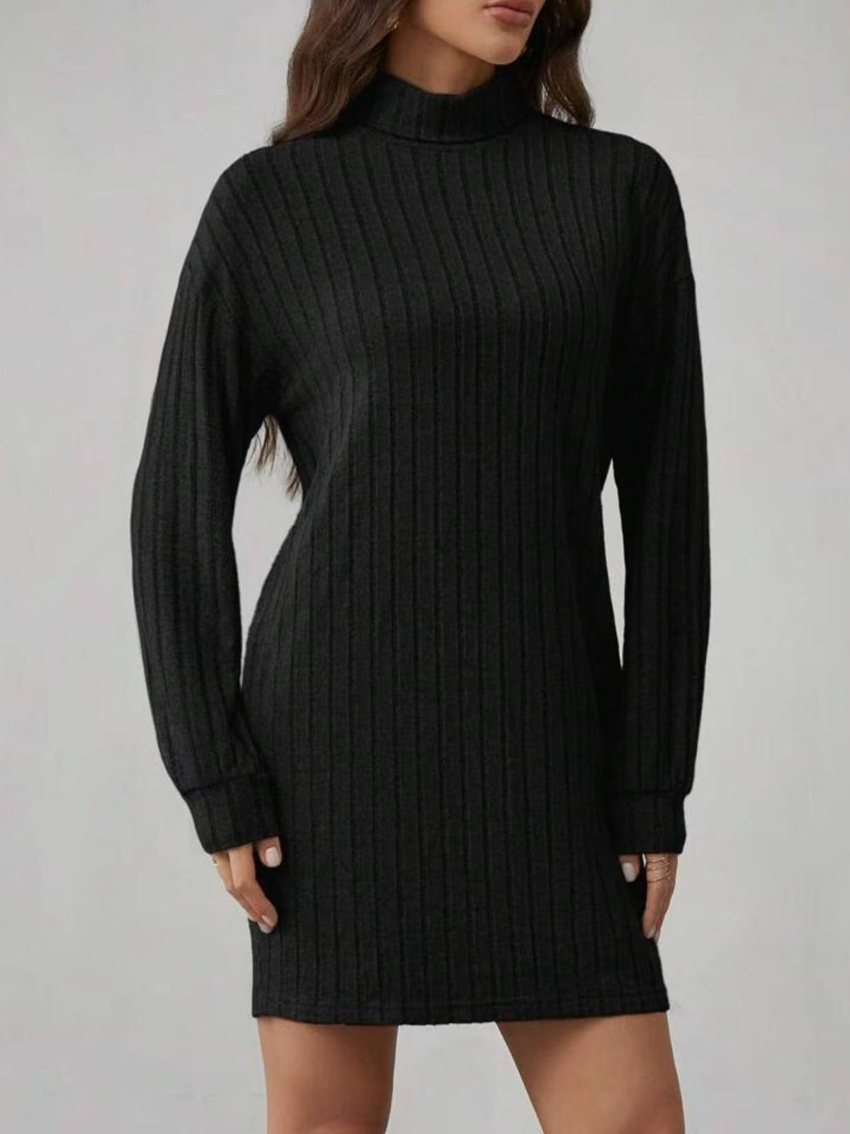 Ribbed fleece turtleneck slim-fit dress, bodycon skirt