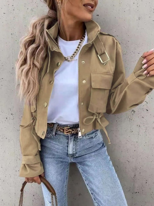 Stylish High-Neck Single-Breasted Zipper Short Casual Long-Sleeved Jacket
