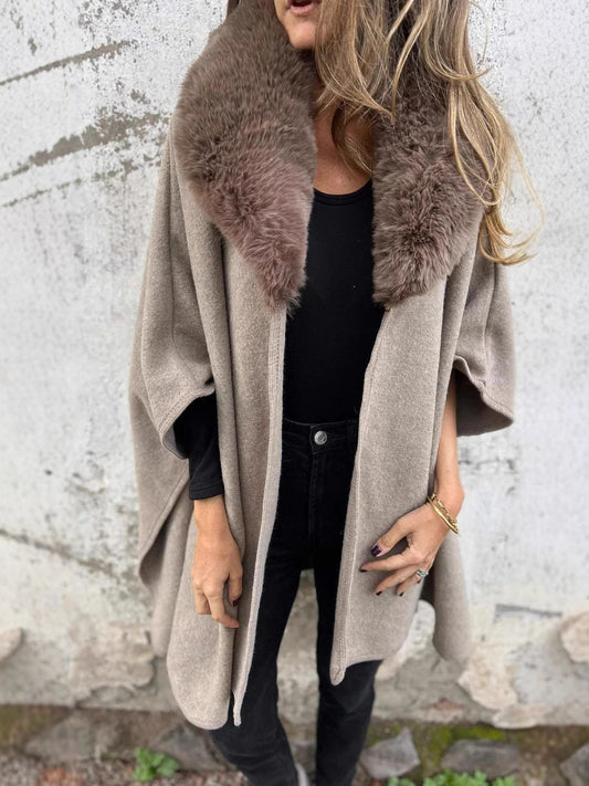 Autumn/Winter Loose-fitting Long-sleeved Cape Coat with Large Lapel and Faux Fur Collar