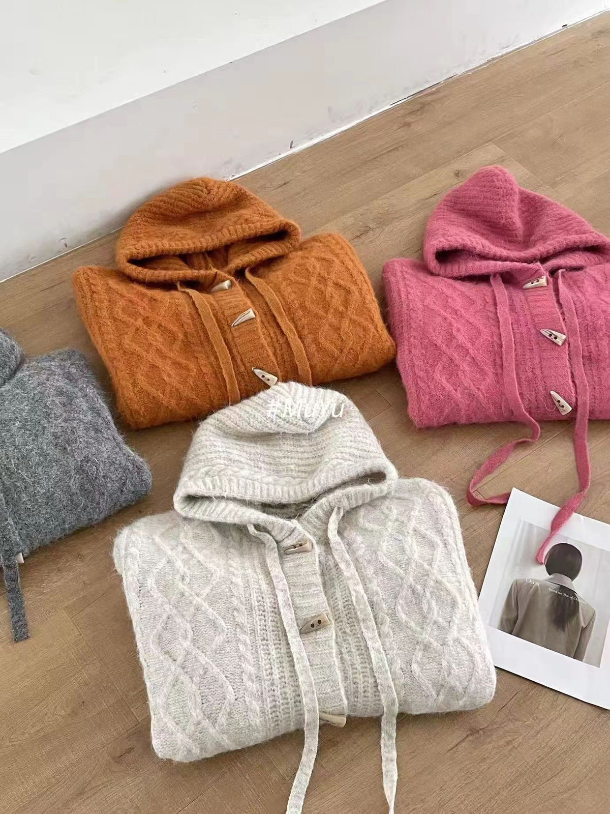 Retro horn button hooded sweater cardigan for women