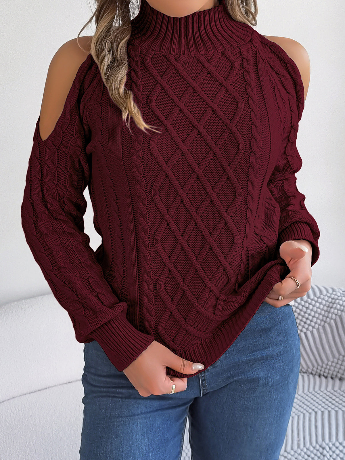 Braided Off Shoulder Knit Pullover Long Sleeve