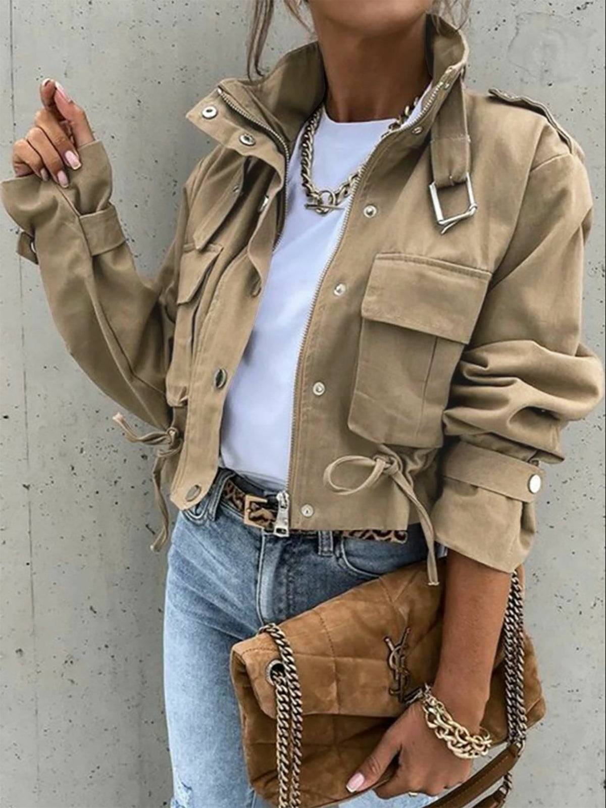 Stylish High-Neck Single-Breasted Zipper Short Casual Long-Sleeved Jacket