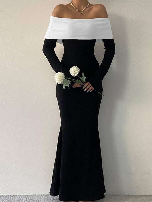 Black and white color-blocked off-shoulder slim-fit fashion autumn and winter long-sleeved dress