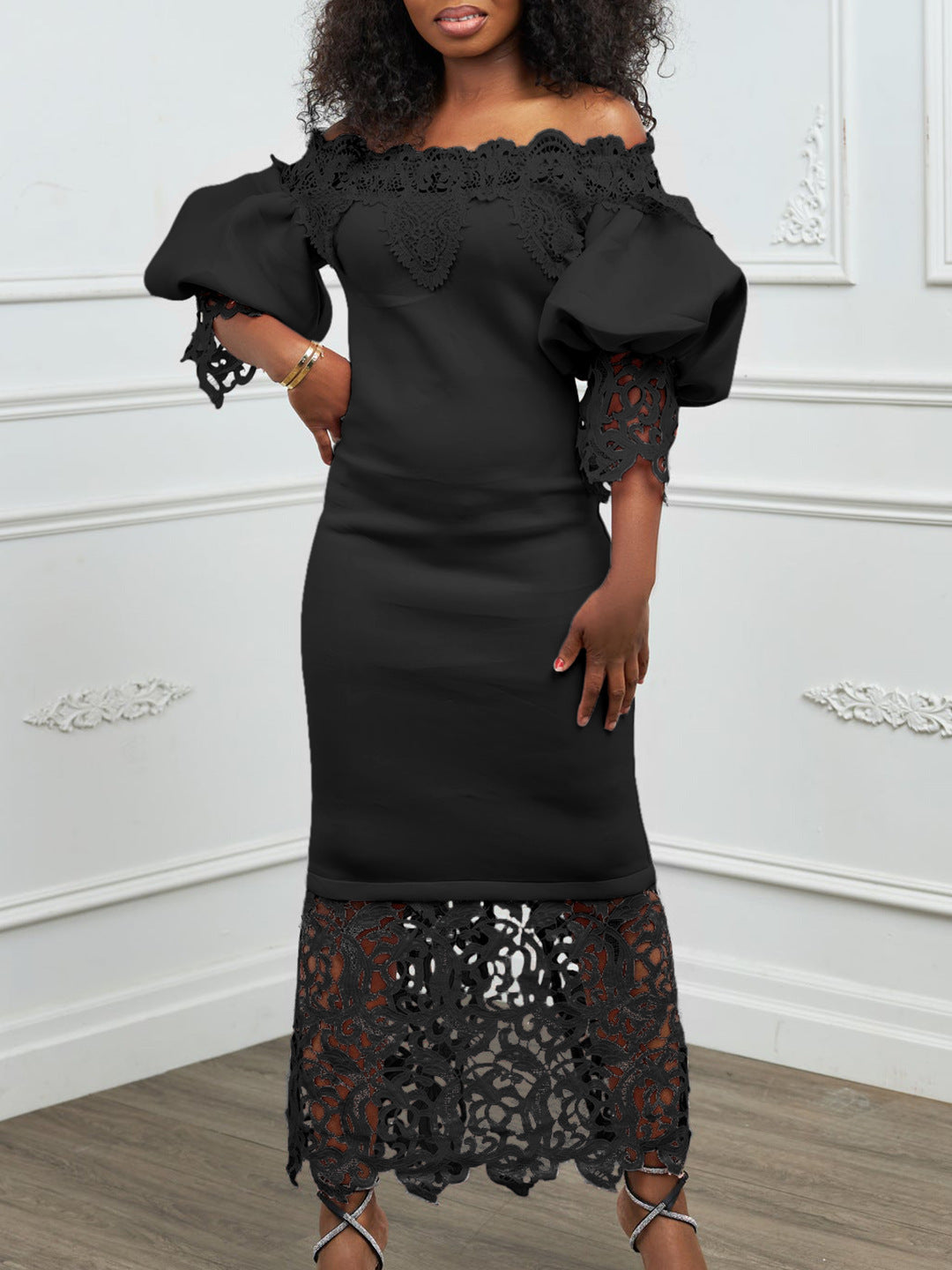 Off-the-shoulder lace-trimmed evening gown with lantern sleeves