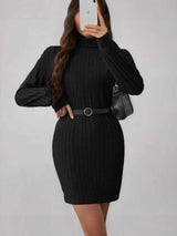 Ribbed fleece turtleneck slim-fit dress, bodycon skirt
