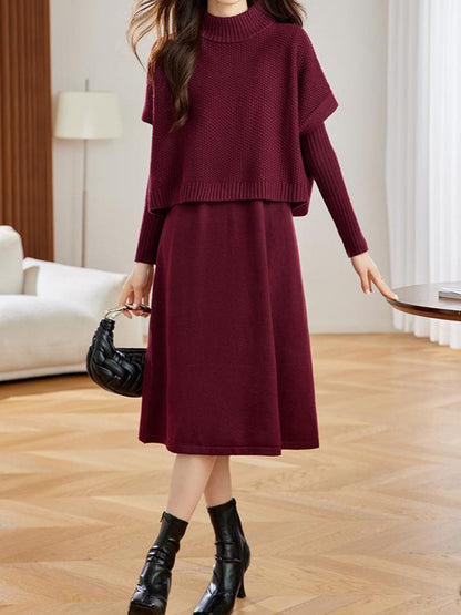 Elegant mid-length knitted dress, vest, pullover, two-piece women's clothing set