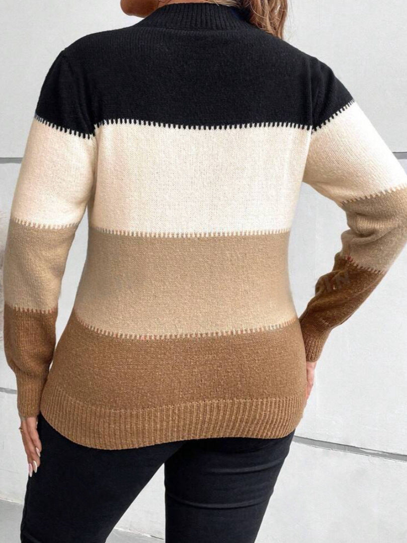 Color Block Knit Pullover Casual Round Neck