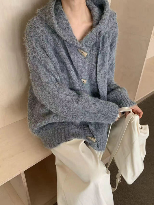 Retro horn button hooded sweater cardigan for women