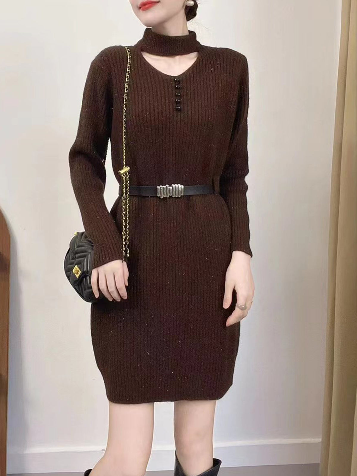 Waist-cinching halter neck openwork knit base dress