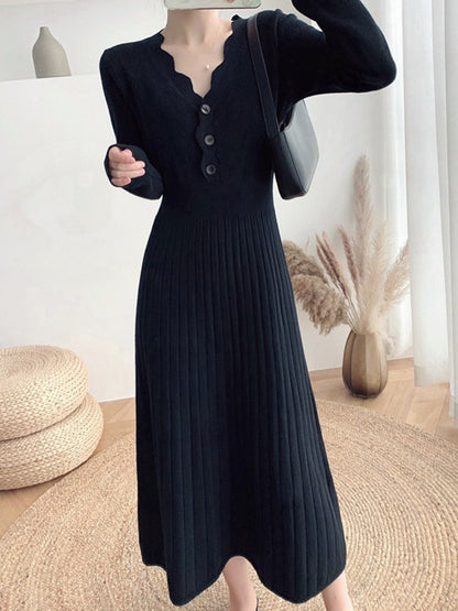 French-style V-neck button-down knit dress for women