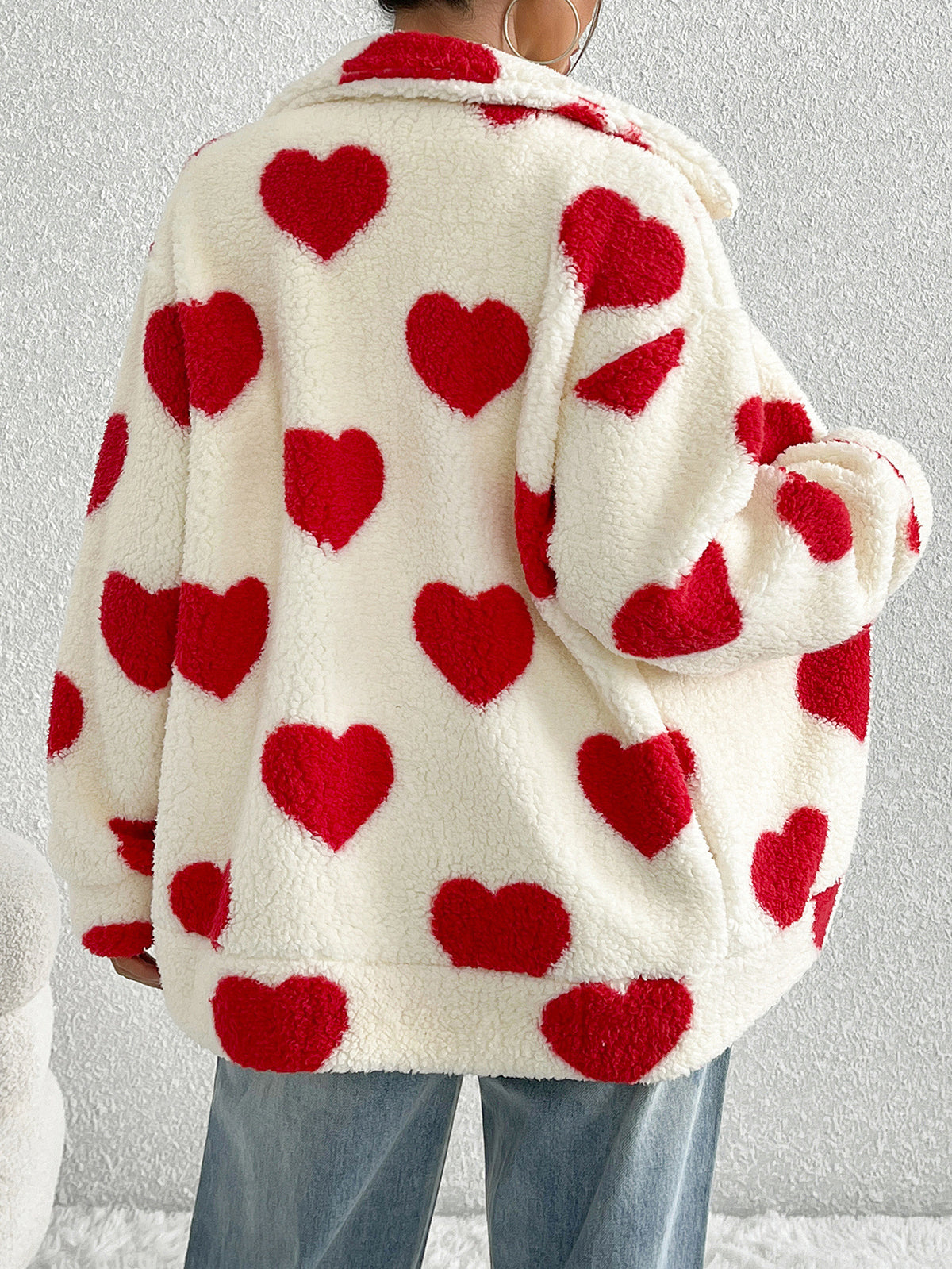 Plush heart print loose long-sleeved zip-up cardigan