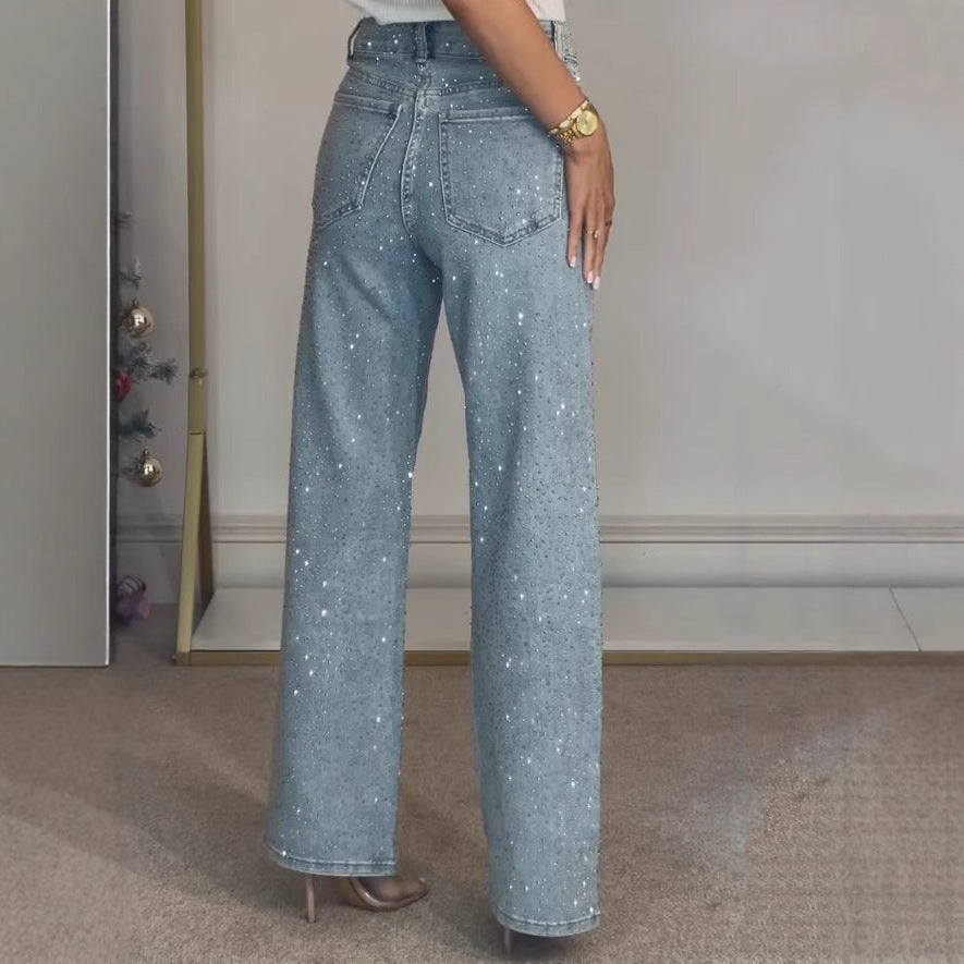 Rhinestone Washed High Waist Denim Pants